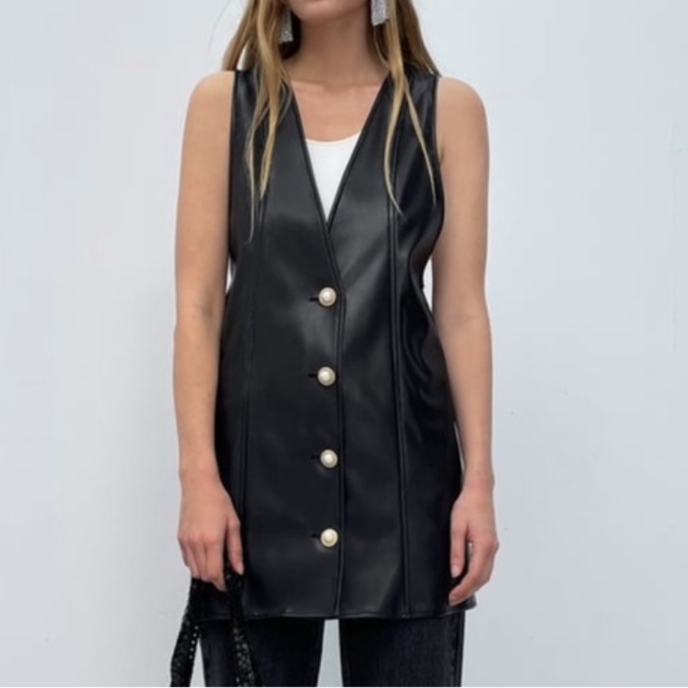 Zara faux leather pinafore dress with pearl button down
